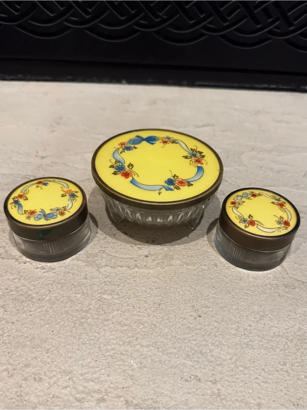 Yellow Floral Enamel Vanity Tray Set - Decorative Bathroom Jars